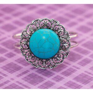 Vintage Art Nouveau Art Nouveau Floral Circle Blue Bead Hinged Bangle 7 1/2 inch